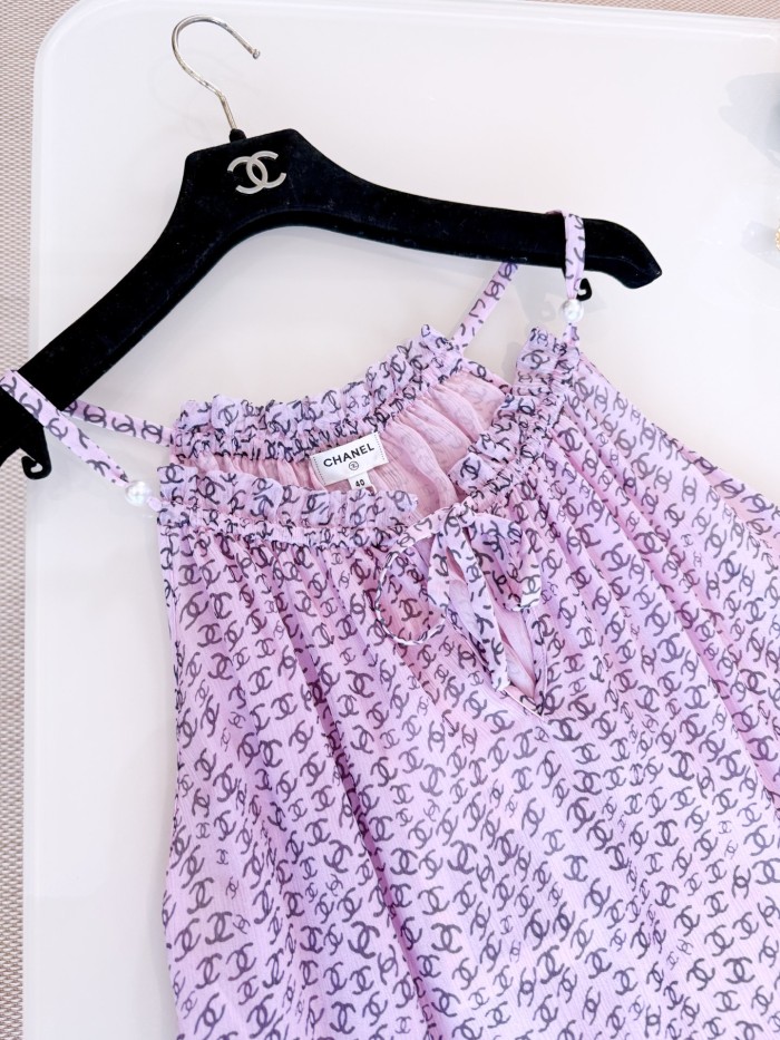 NIGO Chanel Women's Summer Pink And Blue Logo Print Halter Silk Tank Top #nigo77963