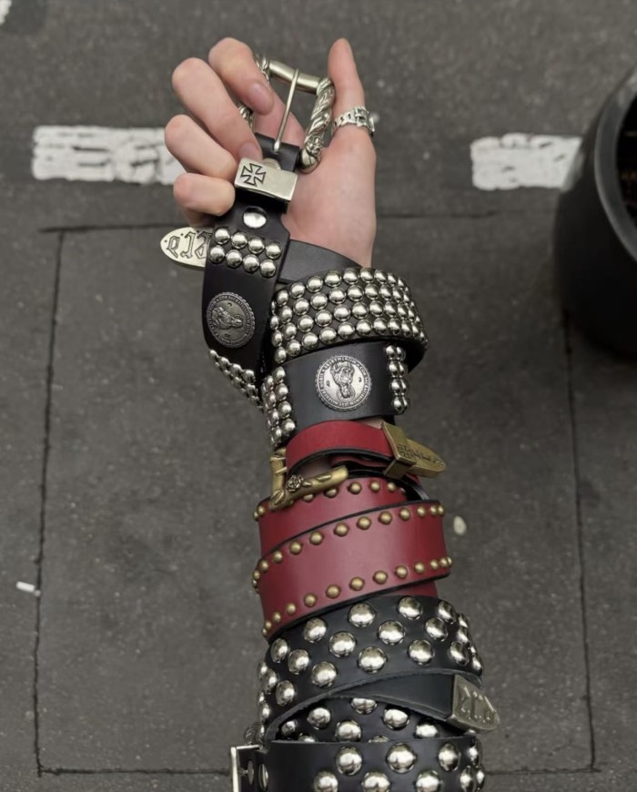 NIGO Enfants Riches Deprimes Burgundy Double Row Rivets Belt Leather Retro Old Carved Logo Belt Punk Metal Belt 2CM Accessories Ngvp #nigo2188