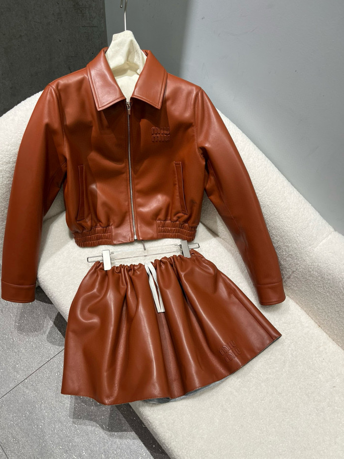 NIGO MiuMiu Women's Plongé Napa Leather Jacket Spring/Fall Solid Color Lapel Straight Sleeve Zipper Leather Jacket Skirt Suit  #nigo77986