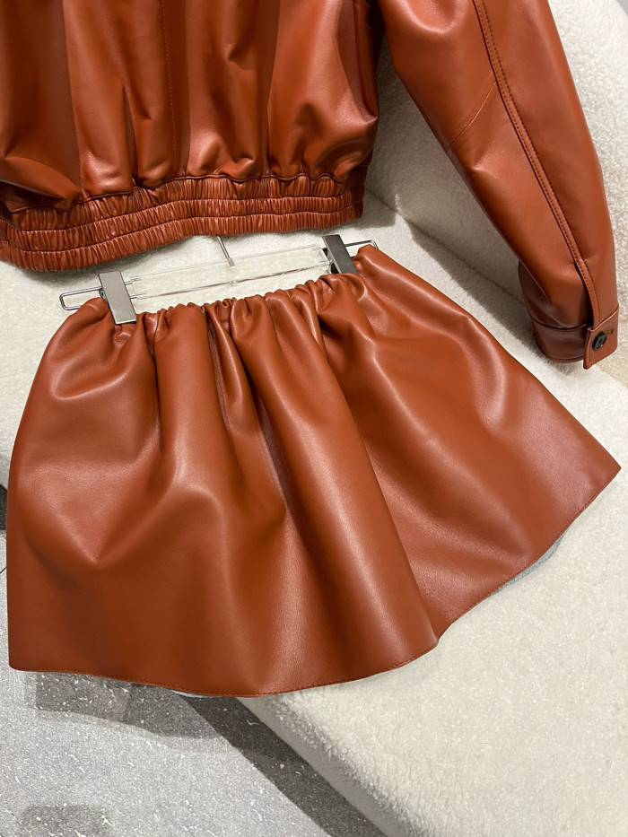 NIGO MiuMiu Women's Plongé Napa Leather Jacket Spring/Fall Solid Color Lapel Straight Sleeve Zipper Leather Jacket Skirt Suit  #nigo77986