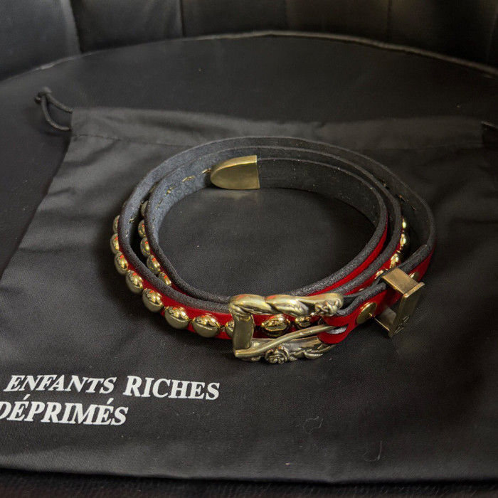 NIGO Enfants Riches Deprimes Burgundy Double Row Rivets Belt Leather Retro Old Carved Logo Belt Punk Metal Belt 2CM Accessories Ngvp #nigo2188