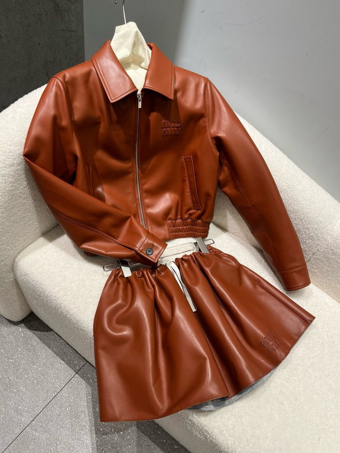 NIGO MiuMiu Women's Plongé Napa Leather Jacket Spring/Fall Solid Color Lapel Straight Sleeve Zipper Leather Jacket Skirt Suit  #nigo77986