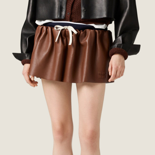 NIGO MiuMiu Women's Plongé Napa Leather Jacket Spring/Fall Solid Color Lapel Straight Sleeve Zipper Leather Jacket Skirt Suit  #nigo77986