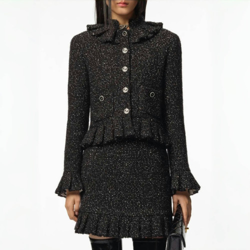 NIGO Chanel Women's Autumn/winter Black Shiny Tweed Single-breasted Jacket With Lace Collar Stylish Mini Skirt Suit Set Ngvp #nigo2172