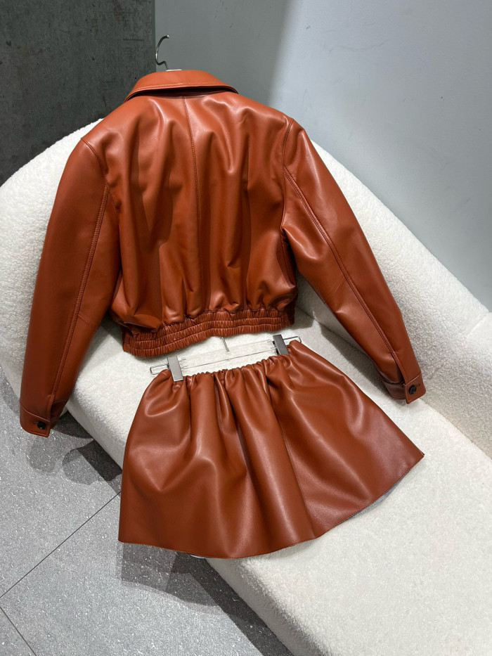 NIGO MiuMiu Women's Plongé Napa Leather Jacket Spring/Fall Solid Color Lapel Straight Sleeve Zipper Leather Jacket Skirt Suit  #nigo77986