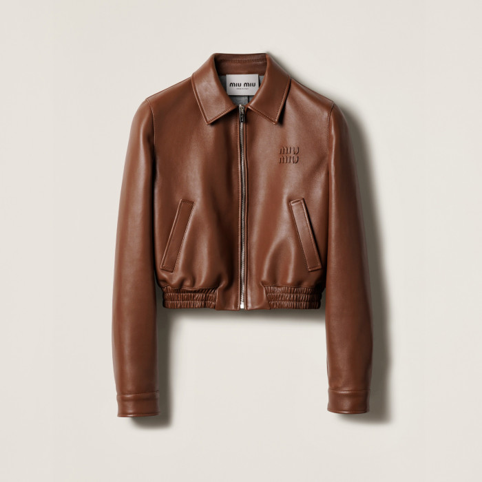 NIGO MiuMiu Women's Plongé Napa Leather Jacket Spring/Fall Solid Color Lapel Straight Sleeve Zipper Leather Jacket Skirt Suit  #nigo77986