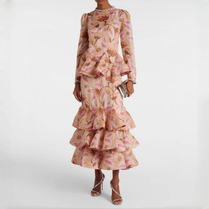 NIGO Zimmermann Women's Spring/summer Elegant Floral Print Dress With Multi-layer Ruffled Puff Skirt, Form-fitting Fashionable Dresses Ngvp #nigo2181