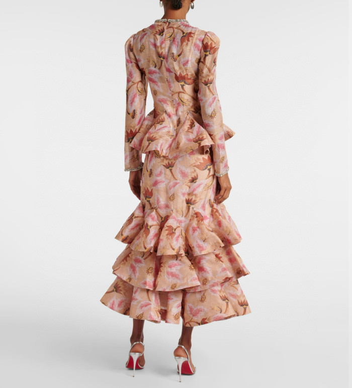 NIGO Zimmermann Women's Spring/summer Elegant Floral Print Dress With Multi-layer Ruffled Puff Skirt, Form-fitting Fashionable Dresses Ngvp #nigo2181