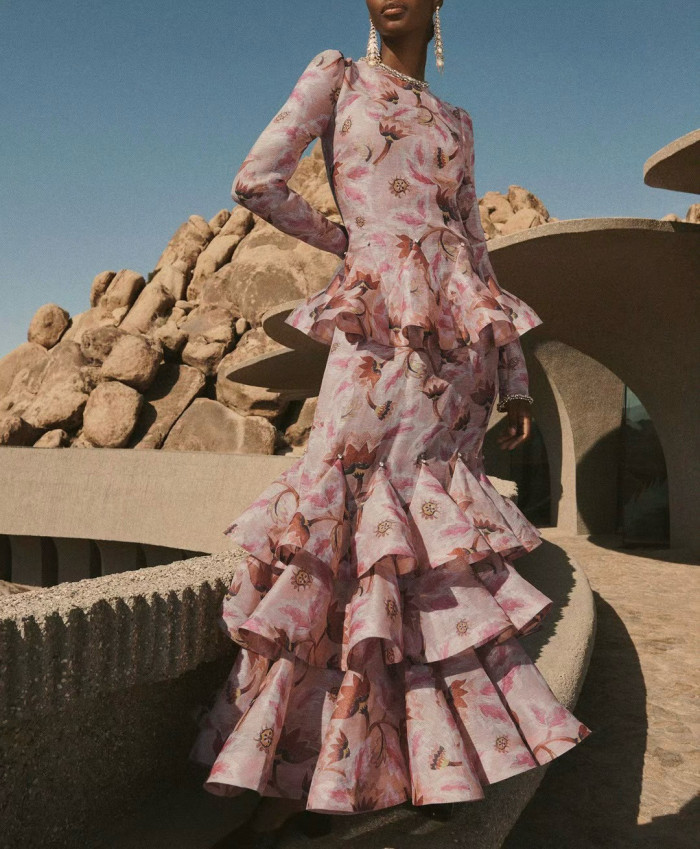 NIGO Zimmermann Women's Spring/summer Elegant Floral Print Dress With Multi-layer Ruffled Puff Skirt, Form-fitting Fashionable Dresses Ngvp #nigo2181