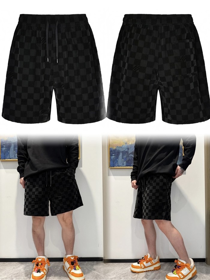 NIGO Louis Vuitton Men's Spring/summer Flocked Tech Shorts Checkerboard Marque L.vuitton Déposée Logo Velvet Solid Color Elastic Waist Wide Leg Comfortable Pants #nigo81411