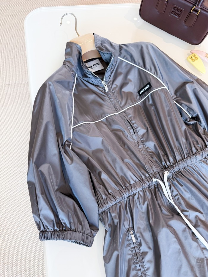 NIGO MiuMiu Women's Summer Solid Color Fashionable Casual Tech Silk Mini Short Sleeve Zipper Jacket Dress #nigo78158