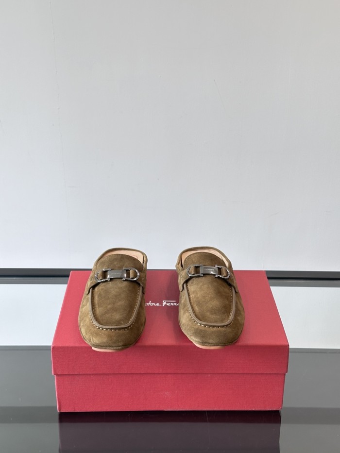 NIGO Ferragamo Men's Spring/Fall Solid Color Classic Calfskin Round Toe Open Back Mule Shoes #nigo78195