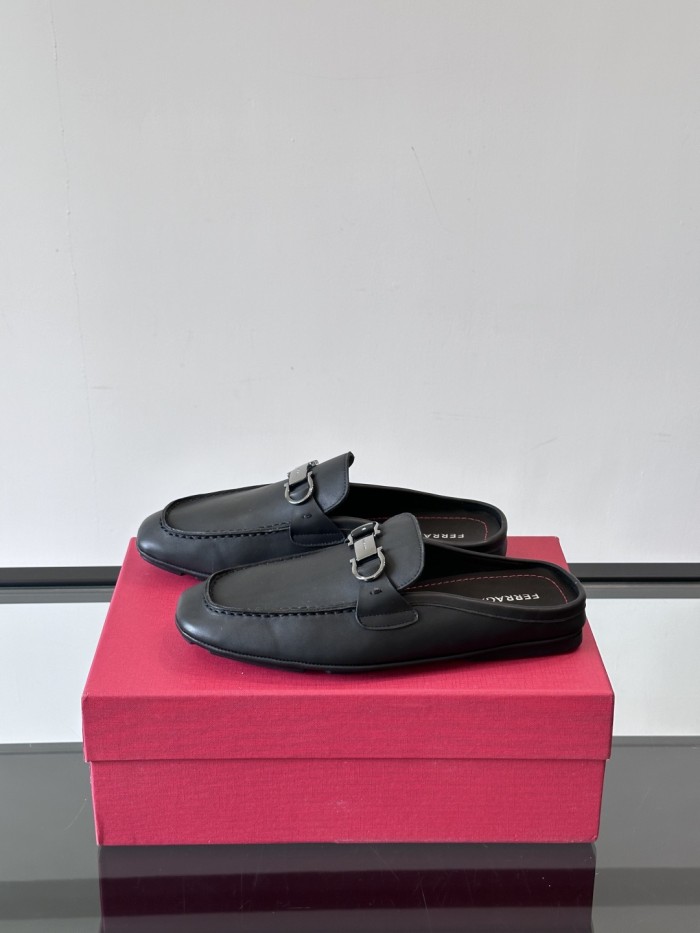 NIGO Ferragamo Men's Spring/Fall Solid Color Classic Calfskin Round Toe Open Back Mule Shoes #nigo78195