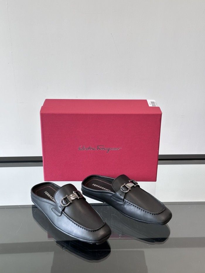NIGO Ferragamo Men's Spring/Fall Solid Color Classic Calfskin Round Toe Open Back Mule Shoes #nigo78195