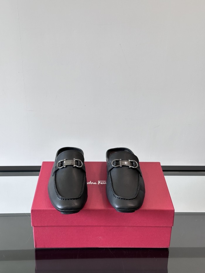 NIGO Ferragamo Men's Spring/Fall Solid Color Classic Calfskin Round Toe Open Back Mule Shoes #nigo78195