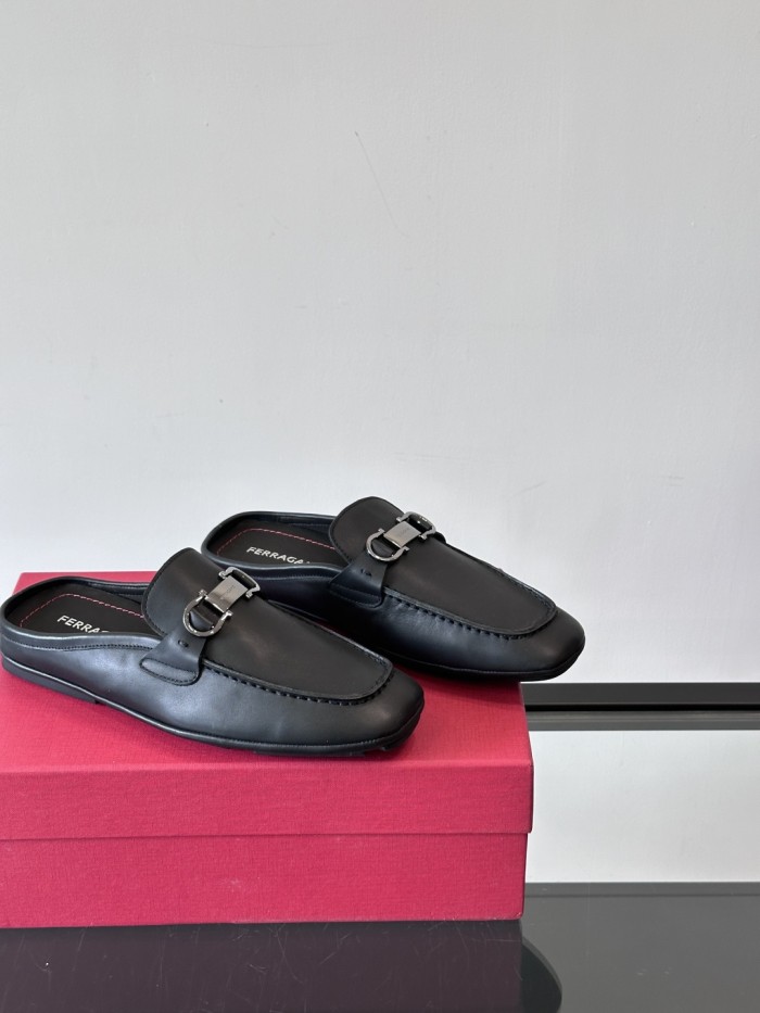 NIGO Ferragamo Men's Spring/Fall Solid Color Classic Calfskin Round Toe Open Back Mule Shoes #nigo78195