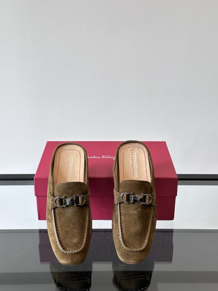 NIGO Ferragamo Men's Spring/Fall Solid Color Classic Calfskin Round Toe Open Back Mule Shoes #nigo78195