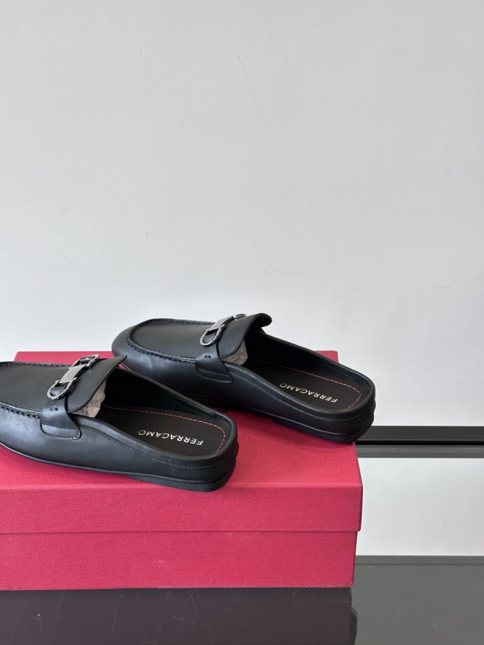 NIGO Ferragamo Men's Spring/Fall Solid Color Classic Calfskin Round Toe Open Back Mule Shoes #nigo78195