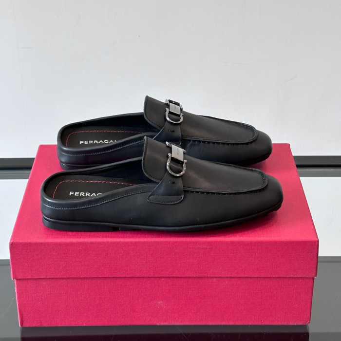 NIGO Ferragamo Men's Spring/Fall Solid Color Classic Calfskin Round Toe Open Back Mule Shoes #nigo78195