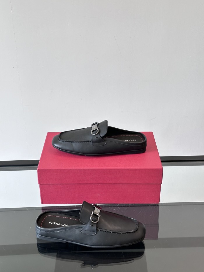 NIGO Ferragamo Men's Spring/Fall Solid Color Classic Calfskin Round Toe Open Back Mule Shoes #nigo78195