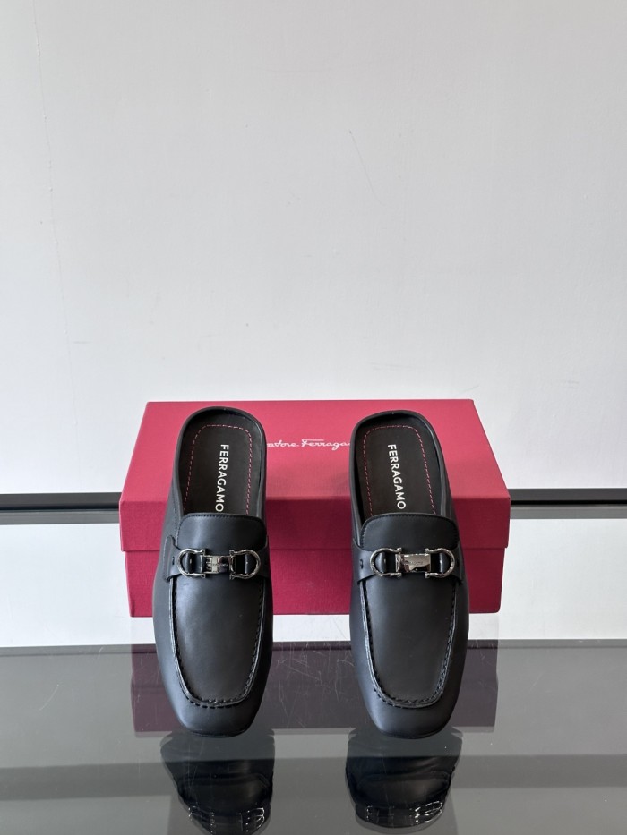 NIGO Ferragamo Men's Spring/Fall Solid Color Classic Calfskin Round Toe Open Back Mule Shoes #nigo78195