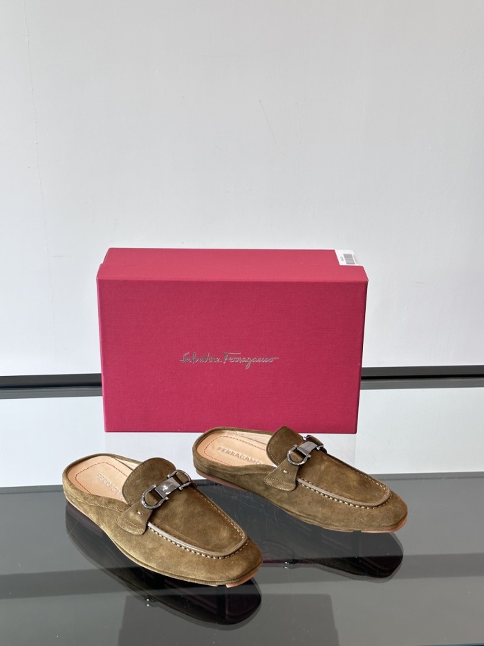NIGO Ferragamo Men's Spring/Fall Solid Color Classic Calfskin Round Toe Open Back Mule Shoes #nigo78195