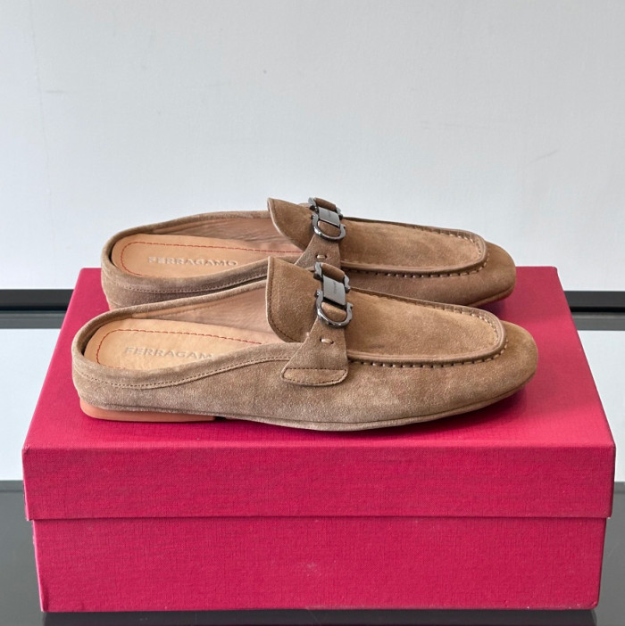NIGO Ferragamo Men's Spring/Fall Solid Color Classic Calfskin Round Toe Open Back Mule Shoes #nigo78195