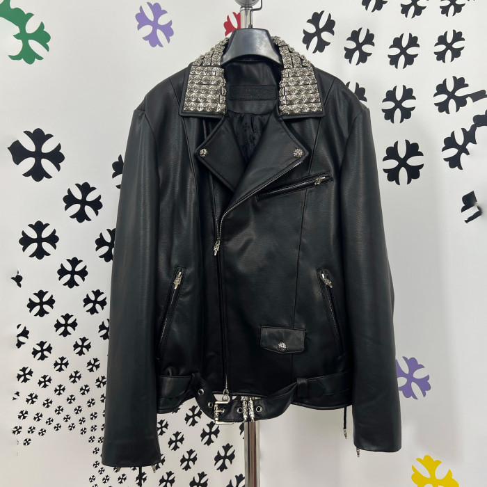 NIGO Chrome Hearts Men's Solid Color Autumn/Winter Classic Fashion Collar Zipper Multi Pocket Long Sleeve Leather Jacket #nigo78223