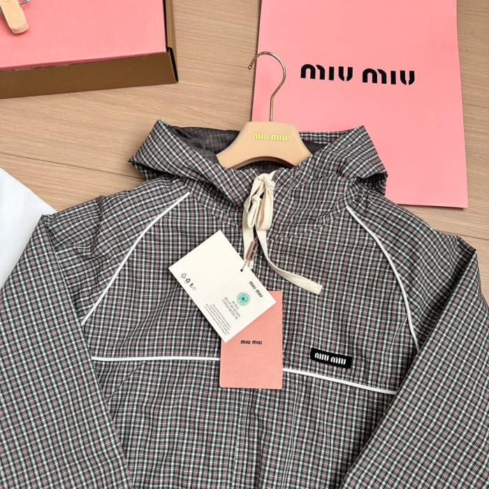 NIGO MiuMiu Women's Spring/Summer Fashion Casual Checkered Tech Fabric Hooded Zipper Elastic Waist Long Sleeve Drawstring Jacket And Shorts Set #nigo78224