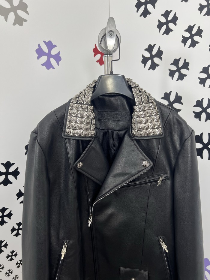 NIGO Chrome Hearts Men's Solid Color Autumn/Winter Classic Fashion Collar Zipper Multi Pocket Long Sleeve Leather Jacket #nigo78223