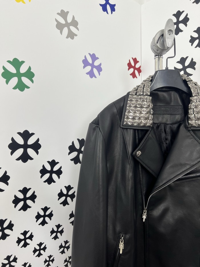 NIGO Chrome Hearts Men's Solid Color Autumn/Winter Classic Fashion Collar Zipper Multi Pocket Long Sleeve Leather Jacket #nigo78223