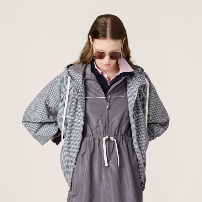 NIGO MiuMiu Women's Spring/Summer Fashion Casual Checkered Tech Fabric Hooded Zipper Elastic Waist Long Sleeve Drawstring Jacket And Shorts Set #nigo78224