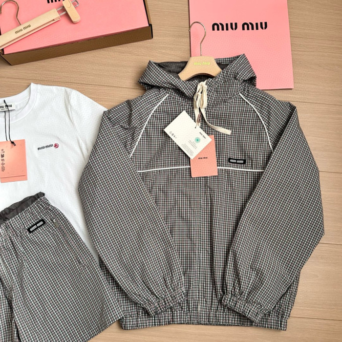 NIGO MiuMiu Women's Spring/Summer Fashion Casual Checkered Tech Fabric Hooded Zipper Elastic Waist Long Sleeve Drawstring Jacket And Shorts Set #nigo78224