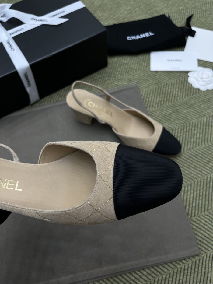 NIGO Chanel Women's Checkered Rhinestone Suede Cowhide Solid Color Chunky Heel High Heel Sandals Slingbacks Flat Shoes Spring, Summer, And Fall Casual Shoes Ngvp #nigo2143