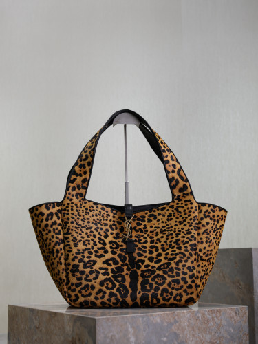 NIGO SAINT LAURENT Women's Leopard Print Design Pony Hair Patchwork Leather Tote Shoulder Bag Bags #nigo74968