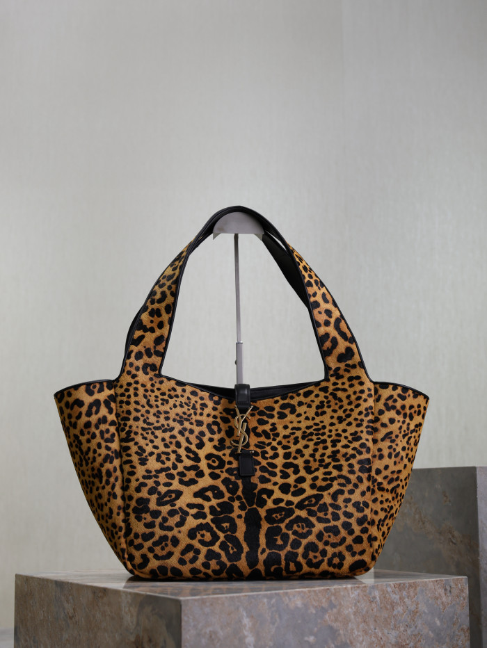 NIGO SAINT LAURENT Women's Leopard Print Design Pony Hair Patchwork Leather Tote Shoulder Bag Bags #nigo74968