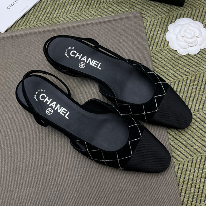 NIGO Chanel Women's Checkered Rhinestone Suede Cowhide Solid Color Chunky Heel High Heel Sandals Slingbacks Flat Shoes Spring, Summer, And Fall Casual Shoes Ngvp #nigo2143