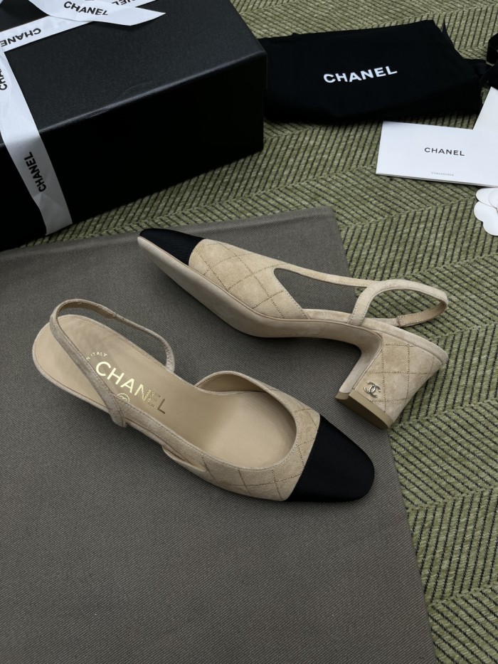 NIGO Chanel Women's Checkered Rhinestone Suede Cowhide Solid Color Chunky Heel High Heel Sandals Slingbacks Flat Shoes Spring, Summer, And Fall Casual Shoes Ngvp #nigo2143