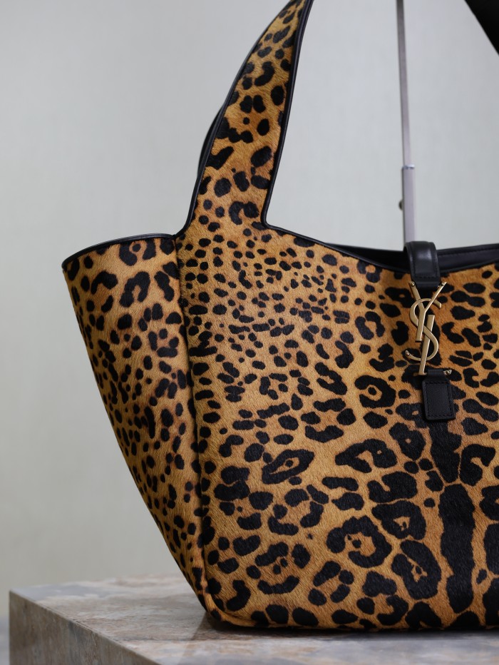 NIGO SAINT LAURENT Women's Leopard Print Design Pony Hair Patchwork Leather Tote Shoulder Bag Bags #nigo74968