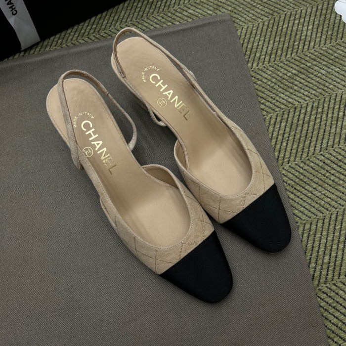 NIGO Chanel Women's Checkered Rhinestone Suede Cowhide Solid Color Chunky Heel High Heel Sandals Slingbacks Flat Shoes Spring, Summer, And Fall Casual Shoes Ngvp #nigo2143