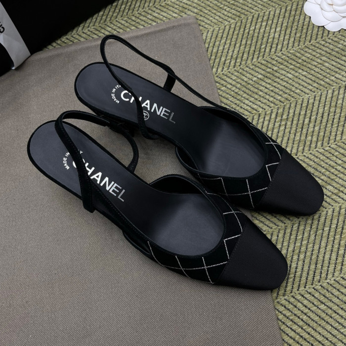 NIGO Chanel Women's Checkered Rhinestone Suede Cowhide Solid Color Chunky Heel High Heel Sandals Slingbacks Flat Shoes Spring, Summer, And Fall Casual Shoes Ngvp #nigo2143