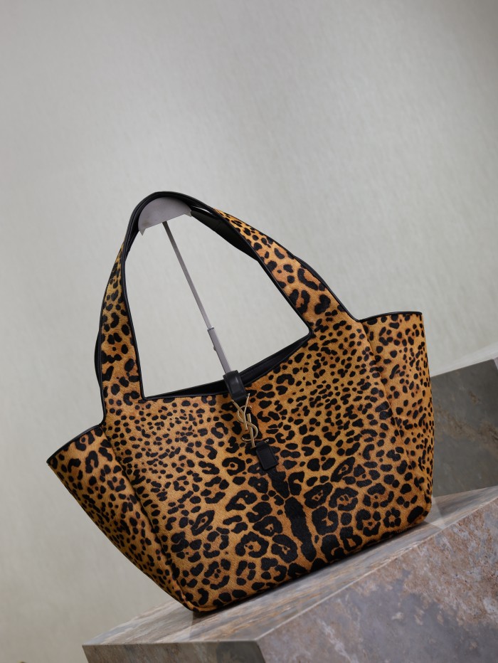 NIGO SAINT LAURENT Women's Leopard Print Design Pony Hair Patchwork Leather Tote Shoulder Bag Bags #nigo74968