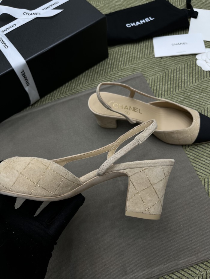 NIGO Chanel Women's Checkered Rhinestone Suede Cowhide Solid Color Chunky Heel High Heel Sandals Slingbacks Flat Shoes Spring, Summer, And Fall Casual Shoes Ngvp #nigo2143