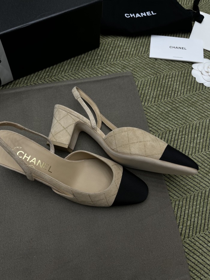 NIGO Chanel Women's Checkered Rhinestone Suede Cowhide Solid Color Chunky Heel High Heel Sandals Slingbacks Flat Shoes Spring, Summer, And Fall Casual Shoes Ngvp #nigo2143