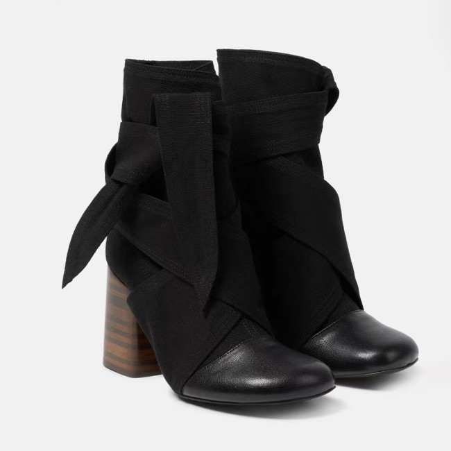 NIGO Lemaire Women's Canvas Leather High-Heeled Short Boots, Spring And Autumn Solid Color Bow Round Toe Lace-Up Thick Heel Casual Shoes Ngvp #nigo2147