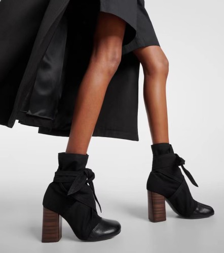 NIGO Lemaire Women's Canvas Leather High-Heeled Short Boots, Spring And Autumn Solid Color Bow Round Toe Lace-Up Thick Heel Casual Shoes Ngvp #nigo2147