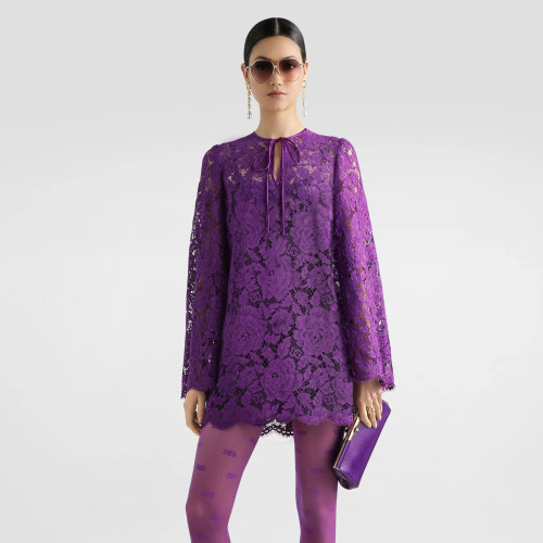 NIGO Dolce&Gabbana Women's Summer Cordonetto Lace Short Dresses Solid Color Tie Round Neck Long Sleeve Ngvp #nigo2148