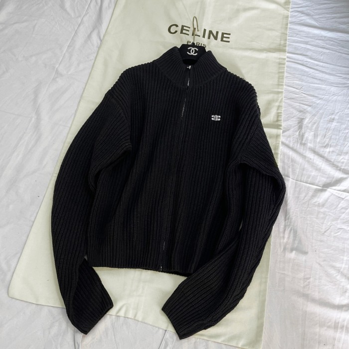 NIGO Celine TRIOMPHE Men's Spring/Autumn Solid Color Fashionable Casual Logo Embroidered Zipper Long Sleeve Wool Trucker Sweater Jacket #nigo78242