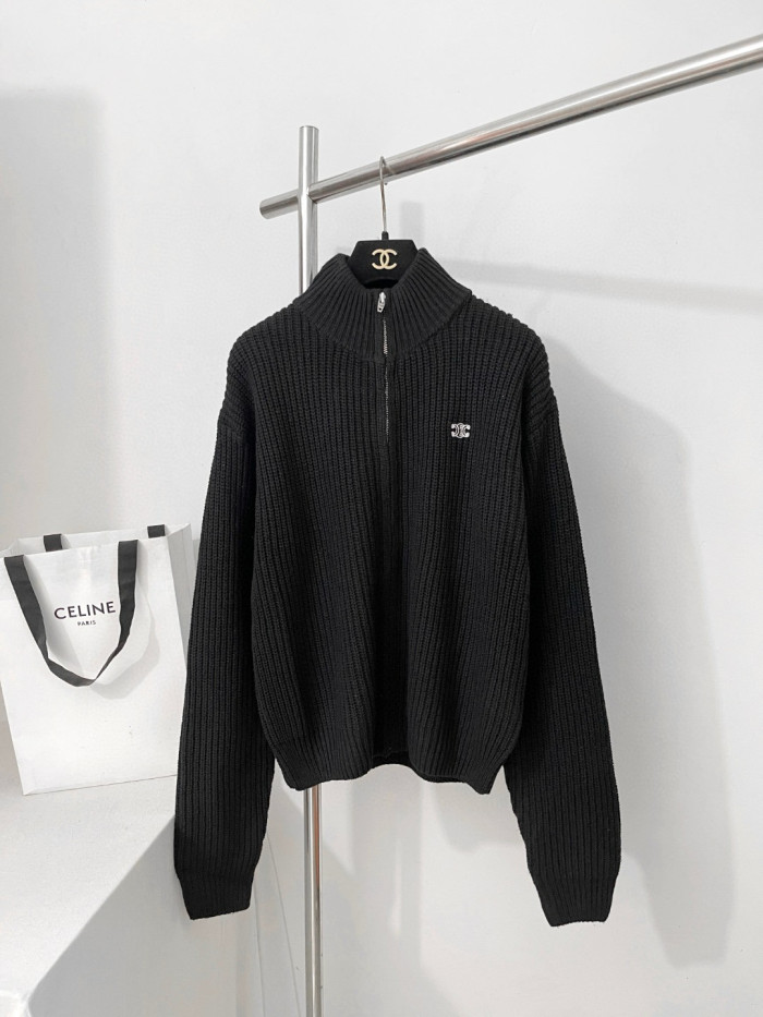 NIGO Celine TRIOMPHE Men's Spring/Autumn Solid Color Fashionable Casual Logo Embroidered Zipper Long Sleeve Wool Trucker Sweater Jacket #nigo78242