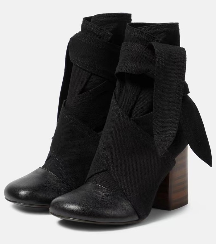 NIGO Lemaire Women's Canvas Leather High-Heeled Short Boots, Spring And Autumn Solid Color Bow Round Toe Lace-Up Thick Heel Casual Shoes Ngvp #nigo2147
